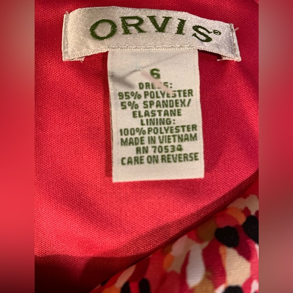 Orvis size 6 ruched fit and flare abstract art print dress pink coral midi - Picture 4 of 6